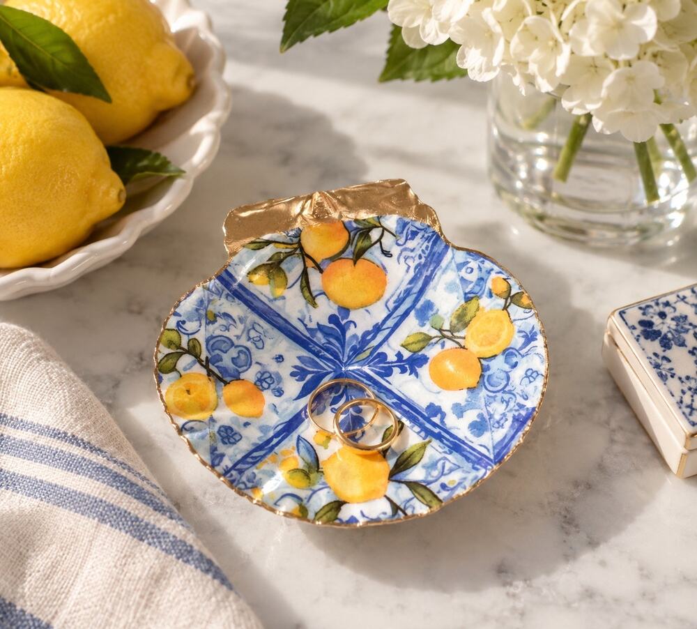 Blue Tile Lemon Shell Trinket Dish, Italian Ring Jewelry Dish
